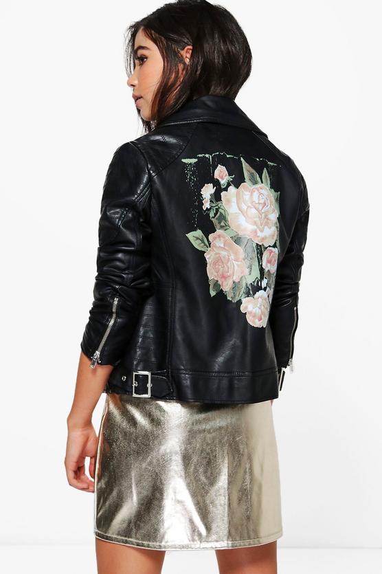 Ruby Floral Print PU Biker Jacket